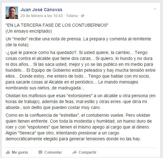 Juan José Cánovas advierte a los 'mafiosos' que extorsionar a un alcalde u otra persona es un delito que puede costar muy caro