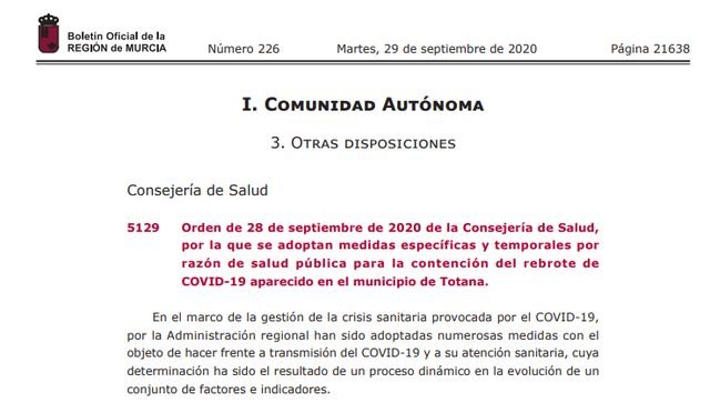 El BORM publica las medidas específicas y temporales por razón de salud pública para la contención del rebrote de COVID-19 aparecido en Totana